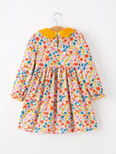 Floral Girls Dress Yellow Velvet Collar Bow Puff Sleeve Dress
