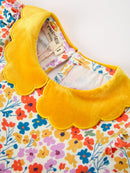Floral Girls Dress Yellow Velvet Collar Bow Puff Sleeve Dress