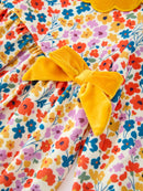 Floral Girls Dress Yellow Velvet Collar Bow Puff Sleeve Dress