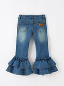 Girls Denim Leggings Ruffle Bell Bottom Pants