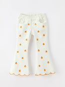 Girls Pumpkin Embroidered Wide-Leg Pants Fall Scallop Hem Casual Pants