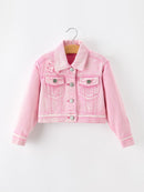 Girls Pink Denim Jacket with Lace Bow Back Detail