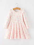 Girls Pink Christmas Ornament Print Flare Dress