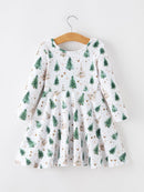 Girls Christmas Tree & Star Ribbed Print Twirl Dress