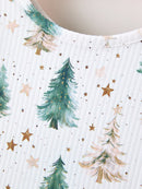 Girls Christmas Tree & Star Ribbed Print Twirl Dress