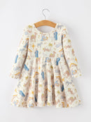 Christmas Girls Nativity Print Twirl Long Sleeve Dress