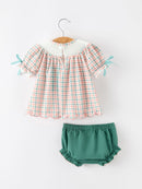 Girls Christmas Plaid Smocked Bloomers Set with Tree Embroidery