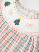 Girls Christmas Smocked Plaid Dress with Tree Embroidery