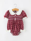 Burgundy Floral Smocked Baby Girl Bubble Romper Peter Pan Collar