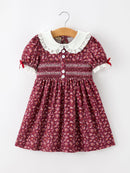 Burgundy Floral Smocked Girls Dress Peter Pan Collar Lace Trim