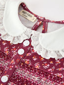 Burgundy Floral Smocked Girls Dress Peter Pan Collar Lace Trim
