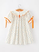 Halloween Pumpkin Smocked Girls Dress Polka Dot Ruffle Sleeve