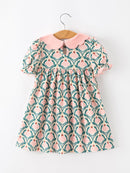 Fall Geometric Floral Girls Dress Petals Collar Smocked