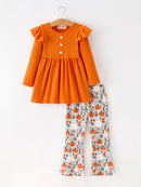 Fall Halloween Pumpkin Ghost Print Girls Long Sleeve Set