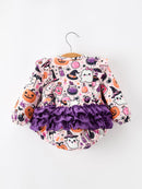 Halloween Pumpkin Ghost Baby Girl Bubble Romper Ruffle Bow Detail