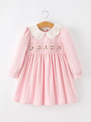 Fall Pink Smocked Girls Dress Peter Pan Collar Long Sleeve Floral Detail