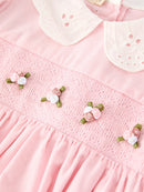 Fall Pink Smocked Girls Dress Peter Pan Collar Long Sleeve Floral Detail