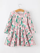 Christmas Girls Pink Holiday Village Print Twirl Dress