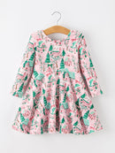 Christmas Girls Pink Holiday Village Print Twirl Dress