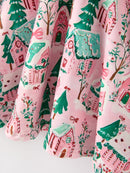 Christmas Girls Pink Holiday Village Print Twirl Dress