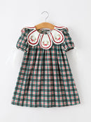 Baby Girl Christmas Plaid Embroidered Dress Wreath Collar