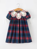 Navy Red Christmas Plaid Wreath Embroidered Girl Dress