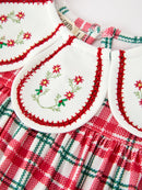 Red Christmas Plaid Wreath Embroidered Girl Dress