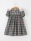 Baby Girl Christmas Plaid Embroidered Dress Wreath Collar