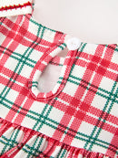 Red Christmas Plaid Wreath Embroidered Girl Dress