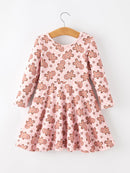 Christmas Girls Gingerbread Print Twirl Long Sleeve Dress