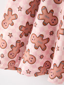 Christmas Girls Gingerbread Print Twirl Long Sleeve Dress