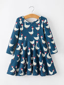 Christmas Girls Goose Twirl Dress Navy Long Sleeve Dress