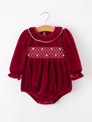 Christmas Velvet Smocked Baby Bubble Romper with Pearl Detail