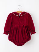 Christmas Velvet Smocked Baby Bubble Romper with Pearl Detail