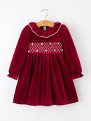 Christmas Velvet Smocked Girls Dress with Pearl Detail