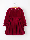 Christmas Velvet Smocked Girls Dress with Pearl Detail