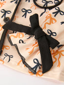 Halloween Bow Print Girls Pajama Set Long Sleeve Top and Shorts
