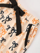 Halloween Bow Print Girls Pajama Set Long Sleeve Top and Shorts