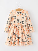 Halloween Bow Print Girls Twirl Dress Long Sleeve with Pockets