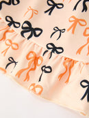 Halloween Bow Print Girls Twirl Dress Long Sleeve with Pockets