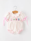 Christmas Smocked Baby Girl Bubble Romper Embroidered Ruffle Collar