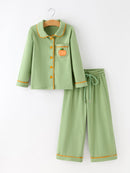 Fall Green Kids Pajamas Set Pumpkin Embroidery Button Sleepwear