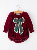 Baby Girls Christmas Burgundy Velvet Plaid Bow Romper