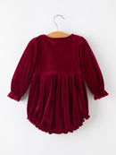 Baby Girls Christmas Burgundy Velvet Plaid Bow Romper