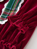 Baby Girls Christmas Burgundy Velvet Plaid Bow Romper