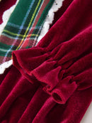 Girls Christmas Burgundy Velvet Plaid Bow Dress