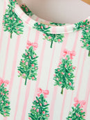 Christmas Girls Pink Stripe Tree Bow Twirl Dress