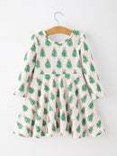 Christmas Girls Pink Stripe Tree Bow Twirl Dress
