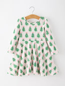 Christmas Girls Pink Stripe Tree Bow Twirl Dress