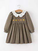Fall Girls Pumpkin Smocked Eyelet Collar Corduroy Dress